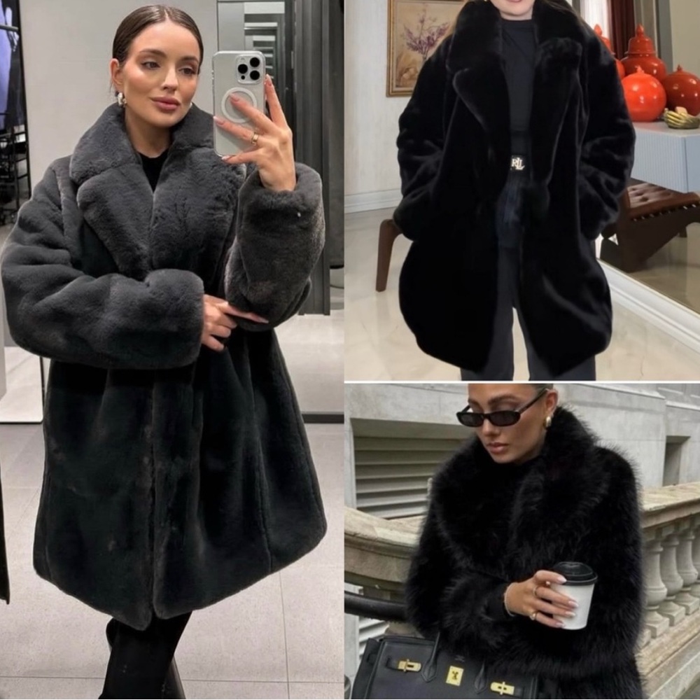 Zara faux fur coat, black